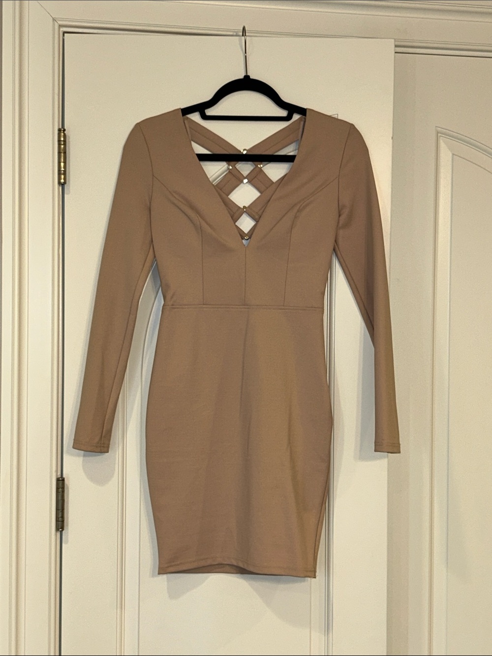 NWT- Entry- Long Sleeve Tan Bodycon Dress with Lattice Neckline